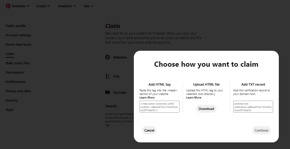 Pinterest Claim Website